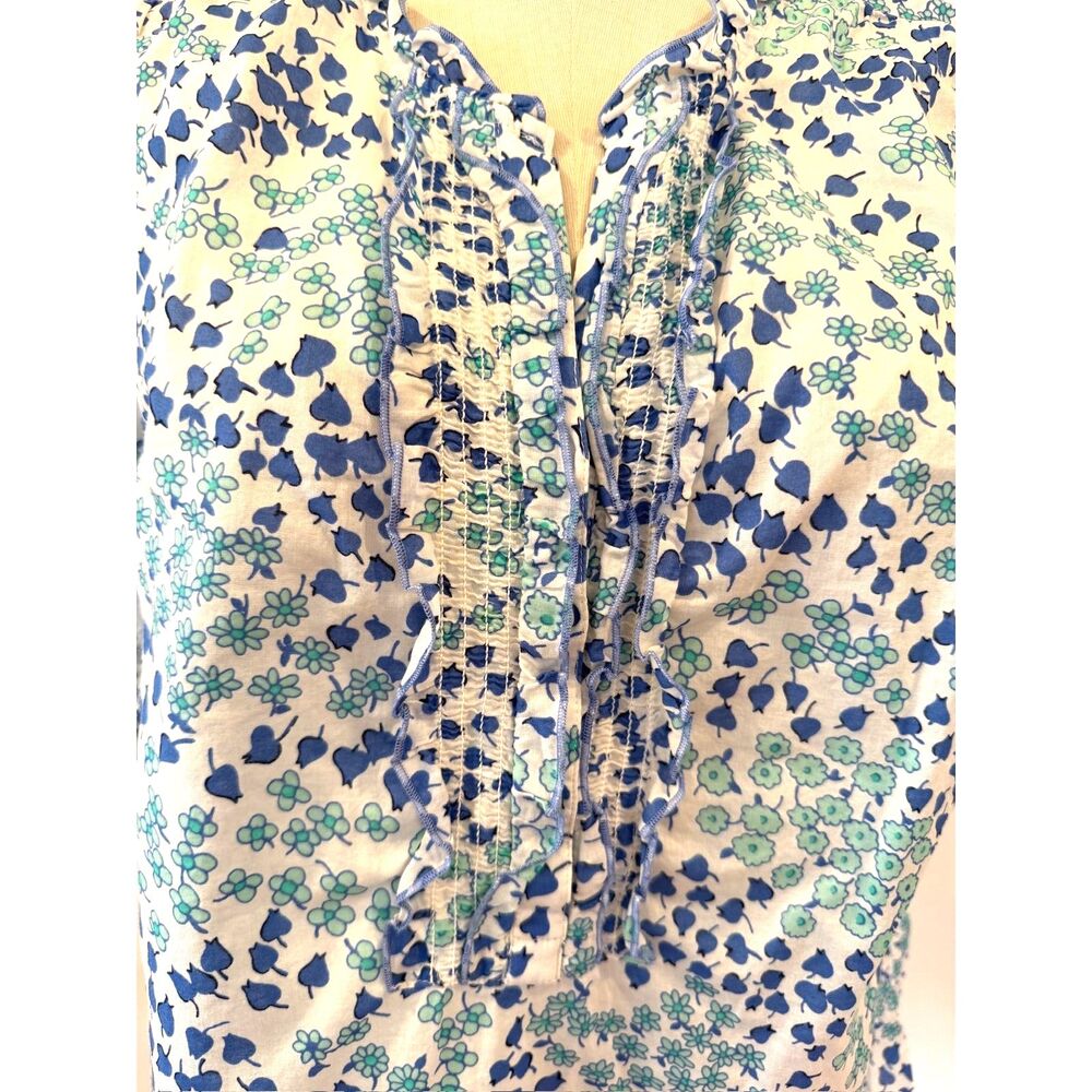 Talbots Lovely Floral Ruffle Top Blue Ditzy Print Large Short Sleeves Popover - Picture 7 of 8